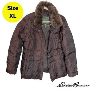 EDDIE BAUER 🤎 Premium Goose Down Jacket, Bronzed Brown, Faux Fur (Size X-Large)